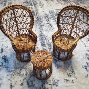 Vintage Rattan Wicker Mini Peacock Chairs (2) and Table Set - EUC Boho Decor